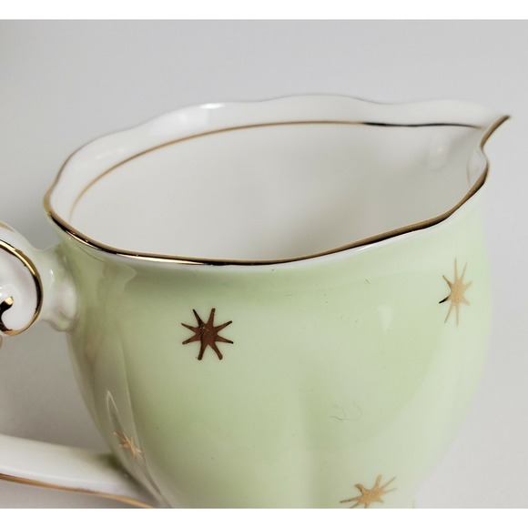 Vtg  Queen Anne Pole Starburst  MCM Midcentury Footed Sugar Creamer Green Gold - Picture 7 of 12